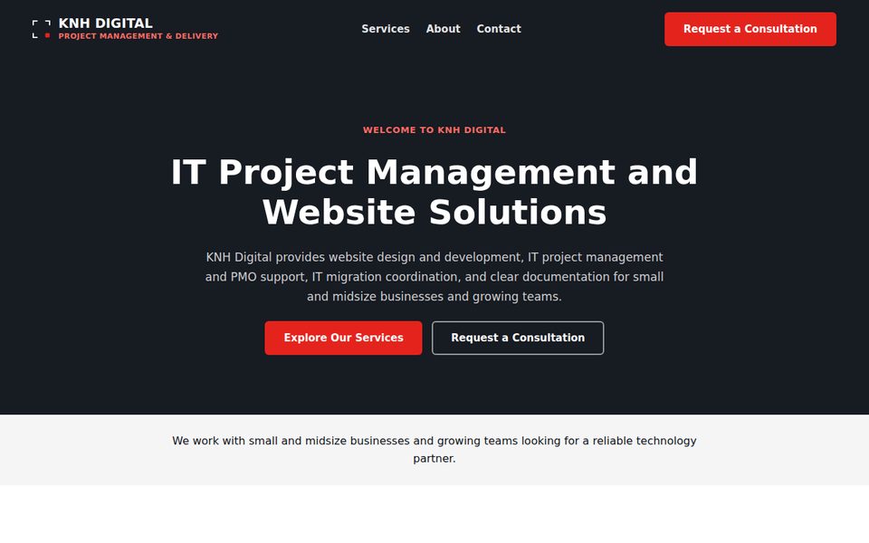 Homepage of the KNH Digital website with the headline IT Project Management and Website Solutions