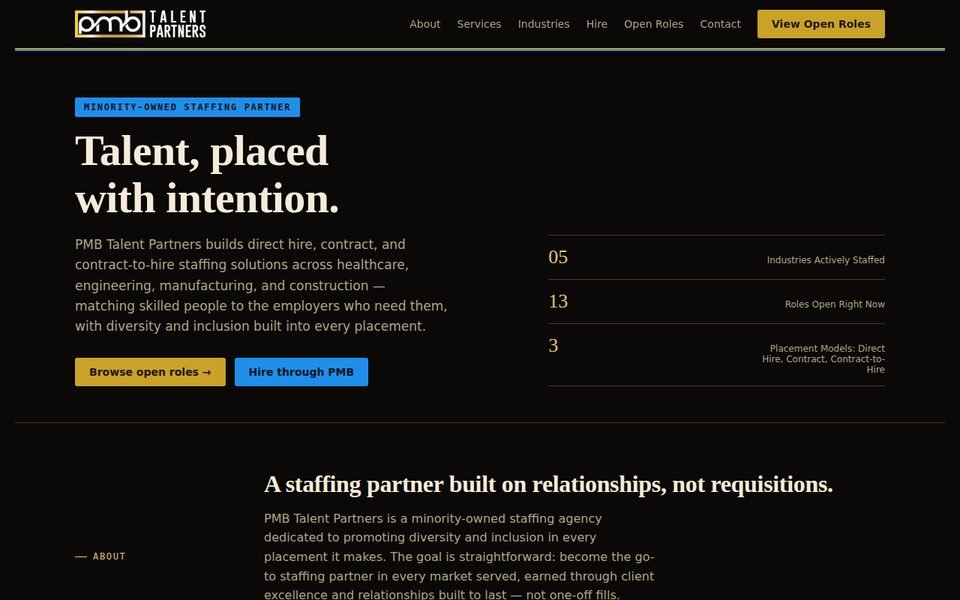 Homepage of the PMB Talent Partners website, showing the headline Talent, placed with intention and buttons to browse open roles or hire through PMB